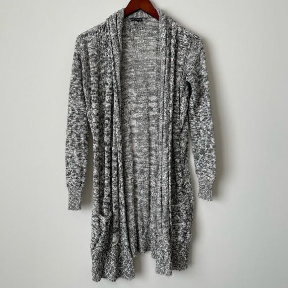 Express Knit Open Stitch Shawl Collar Cardigan Gray/ White S - Picture 1 of 7
